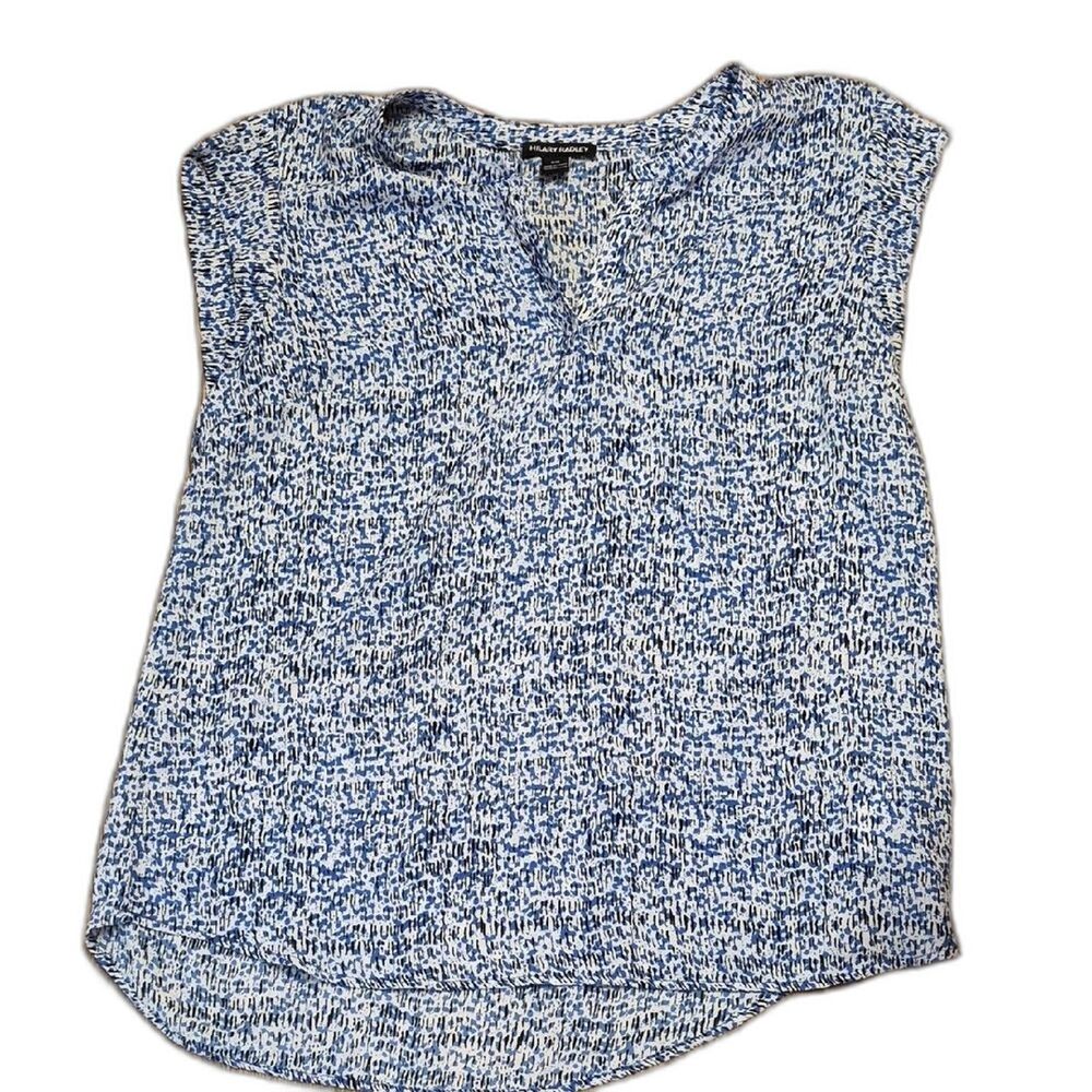 Hilary Radley Blue Speckled V-Neck Blouse Sleeveless Pleat Front Size M Womens